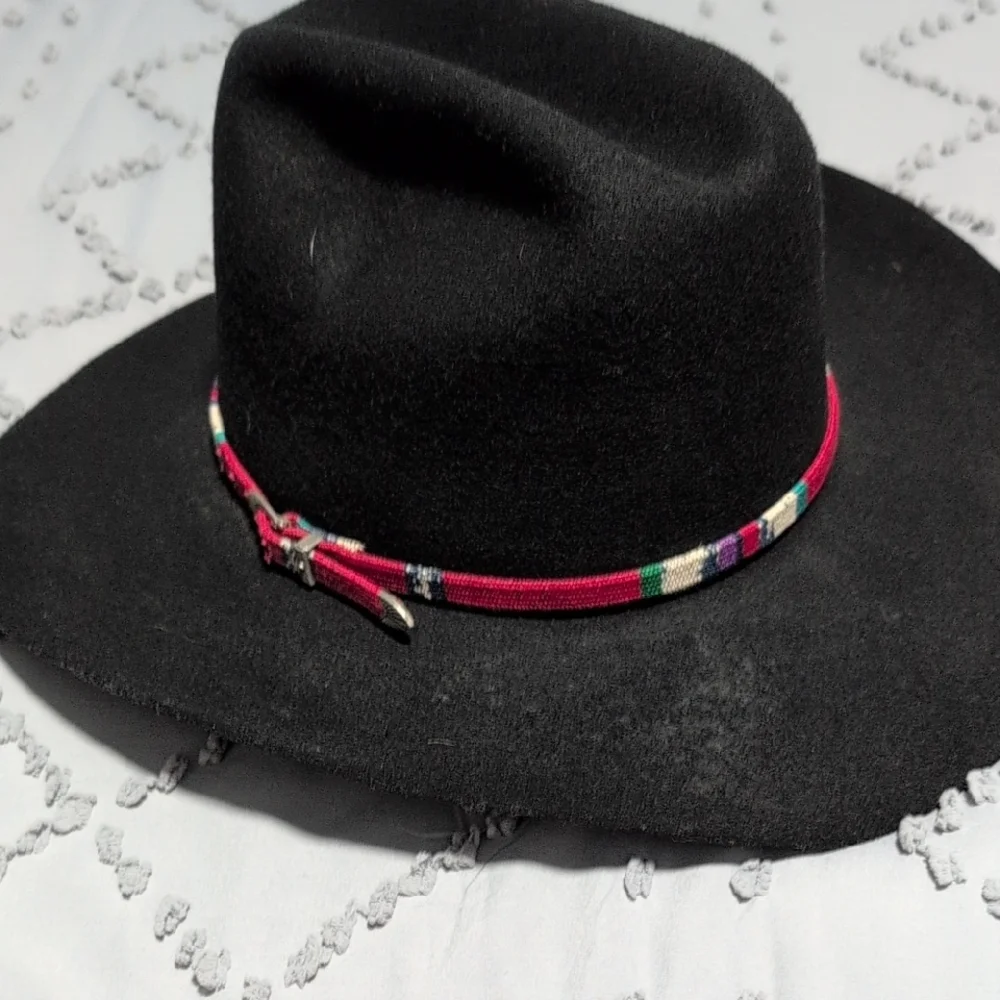 Black Wide Brim Hat with Colorful Band - Picture 3 of 4